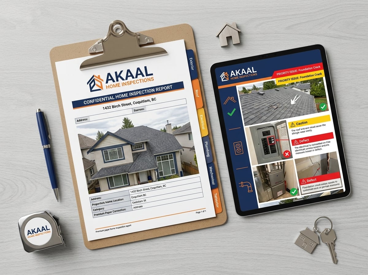 A page from an Akaal Home Inspections report, showing findings and photos by system